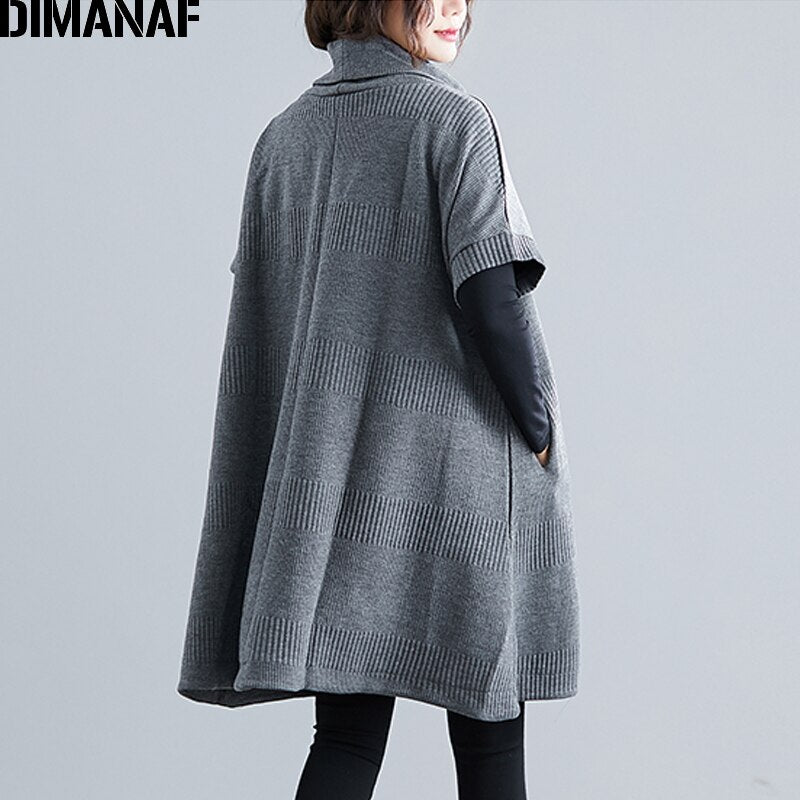 DIMANAF Women's Turtleneck Short Sleeve Sweater Dress Pullovers Female Tops Shirts Turtleneck Big Size Loose Casual Thick Knitted Clothing