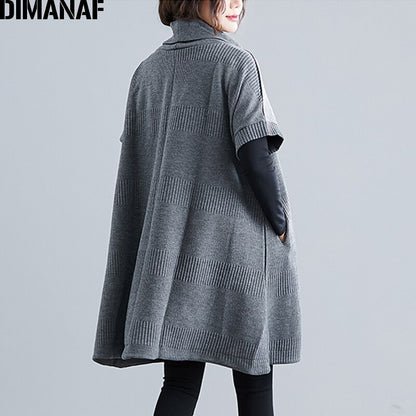DIMANAF Women's Turtleneck Short Sleeve Sweater Dress Pullovers Female Tops Shirts Turtleneck Big Size Loose Casual Thick Knitted Clothing