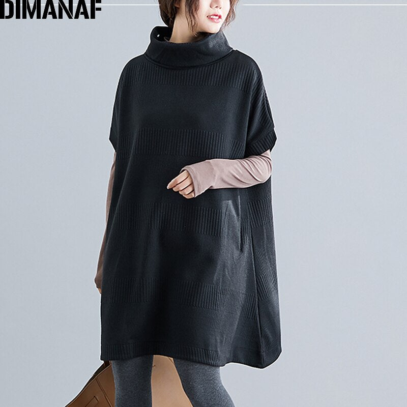 DIMANAF Women's Turtleneck Short Sleeve Sweater Dress Pullovers Female Tops Shirts Turtleneck Big Size Loose Casual Thick Knitted Clothing