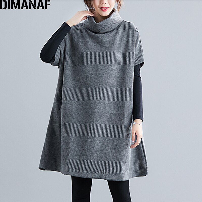 DIMANAF Women's Turtleneck Short Sleeve Sweater Dress Pullovers Female Tops Shirts Turtleneck Big Size Loose Casual Thick Knitted Clothing