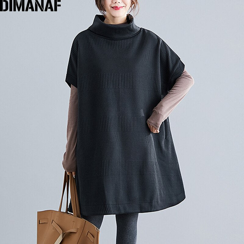 DIMANAF Women's Turtleneck Short Sleeve Sweater Dress Pullovers Female Tops Shirts Turtleneck Big Size Loose Casual Thick Knitted Clothing
