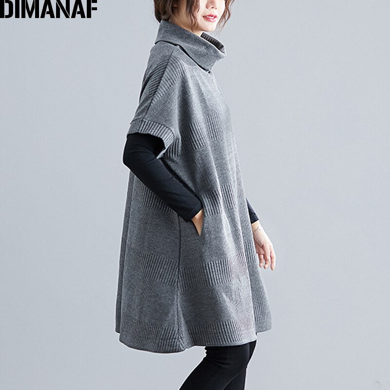 DIMANAF Women's Turtleneck Short Sleeve Sweater Dress Pullovers Female Tops Shirts Turtleneck Big Size Loose Casual Thick Knitted Clothing