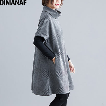 DIMANAF Women's Turtleneck Short Sleeve Sweater Dress Pullovers Female Tops Shirts Turtleneck Big Size Loose Casual Thick Knitted Clothing