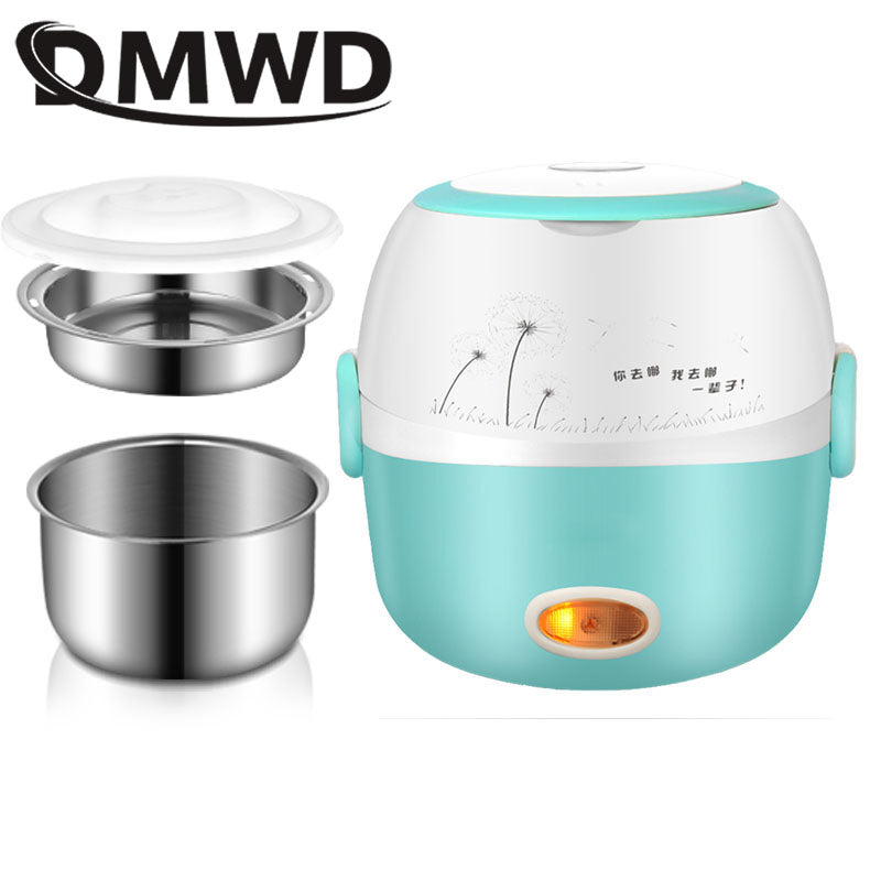 DMWD MINI Rice Cooker Thermal Heating Electric Lunch Box 1/2 Layers Portable Food Steamer Cooking Container Meal Lunchbox Warmer