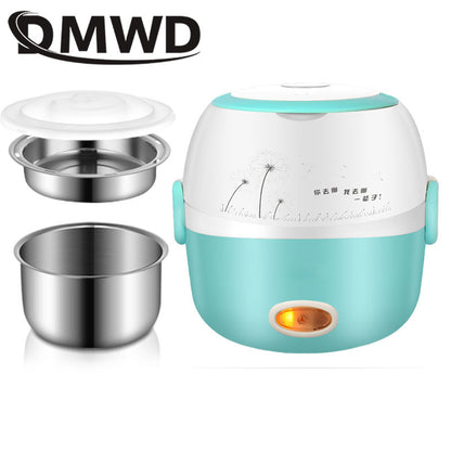 DMWD MINI Rice Cooker Thermal Heating Electric Lunch Box 1/2 Layers Portable Food Steamer Cooking Container Meal Lunchbox Warmer