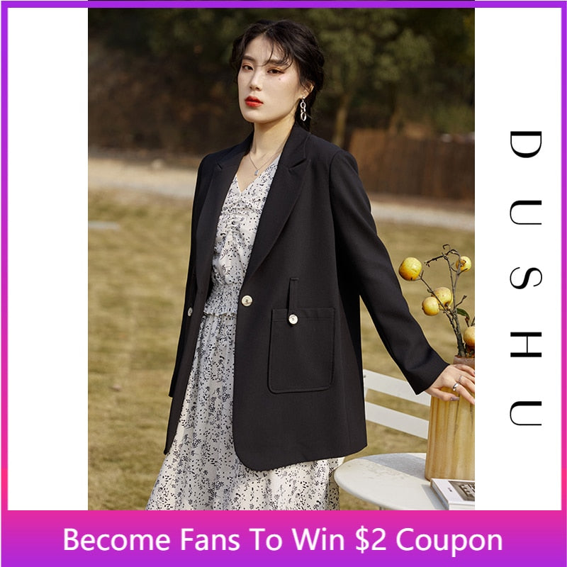 DUSHU Plus Size Office Lady Casual Black Blazer Women Spring Oversized Yellow Blazer Jacket Female Belt Loose Elegant Blue Coat