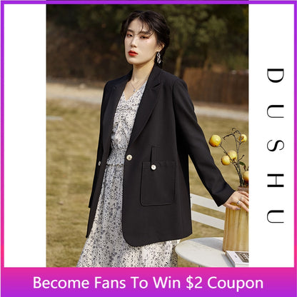 DUSHU Plus Size Office Lady Casual Black Blazer Women Spring Oversized Yellow Blazer Jacket Female Belt Loose Elegant Blue Coat