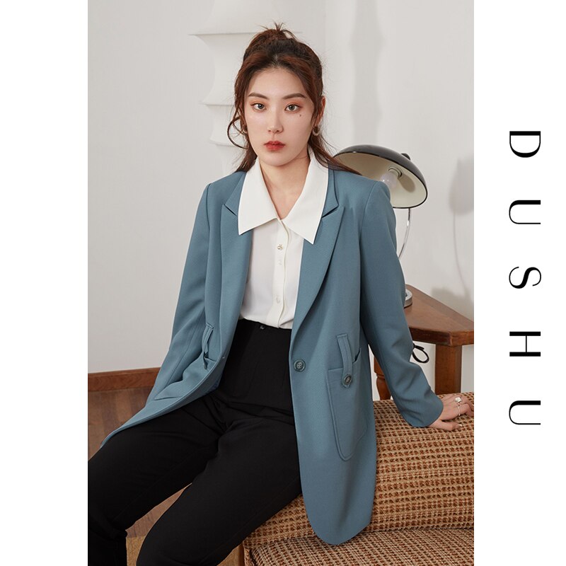 DUSHU Plus Size Office Lady Casual Black Blazer Women Spring Oversized Yellow Blazer Jacket Female Belt Loose Elegant Blue Coat