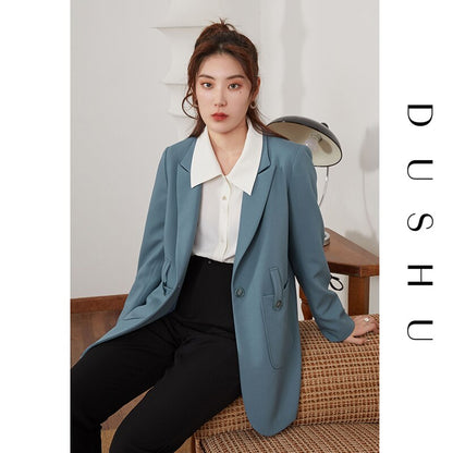 DUSHU Plus Size Office Lady Casual Black Blazer Women Spring Oversized Yellow Blazer Jacket Female Belt Loose Elegant Blue Coat