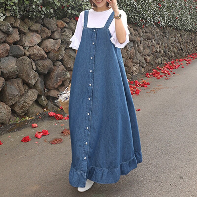 Denim Blue Overalls Dress ZANZEA 2019 Women's Sundress Stylish Casual Button Summer Flounce Midi Vestidos Female Robe Plus Size