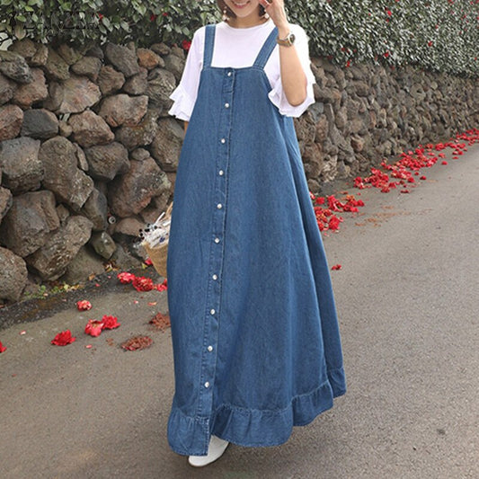 Denim Blue Overalls Dress ZANZEA 2019 Women's Sundress Stylish Casual Button Summer Flounce Midi Vestidos Female Robe Plus Size