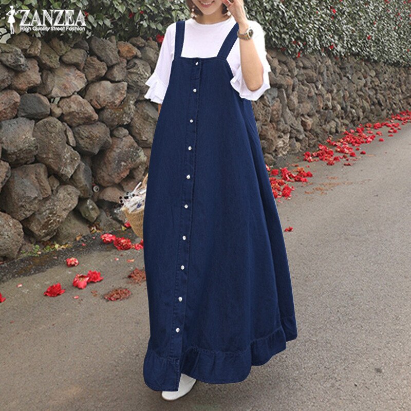 Denim Blue Overalls Dress ZANZEA 2019 Women's Sundress Stylish Casual Button Summer Flounce Midi Vestidos Female Robe Plus Size