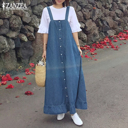 Denim Blue Overalls Dress ZANZEA 2019 Women's Sundress Stylish Casual Button Summer Flounce Midi Vestidos Female Robe Plus Size