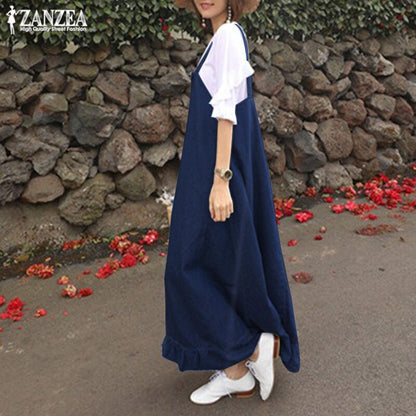 Denim Blue Overalls Dress ZANZEA 2019 Women's Sundress Stylish Casual Button Summer Flounce Midi Vestidos Female Robe Plus Size