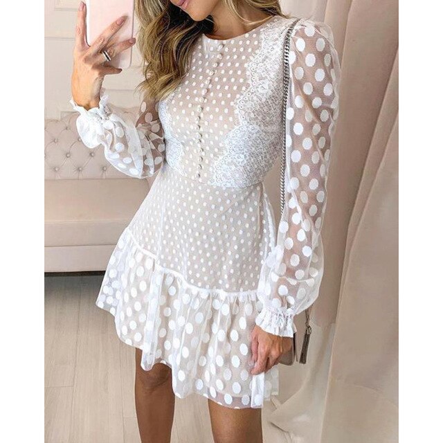 Dot Sheer Mesh Eyelash Lace Dress Women Long Sleeve Ruffles Hem Dress 2019 Autumn Elegant O Neck A Line Shirt Dresses Vestidos