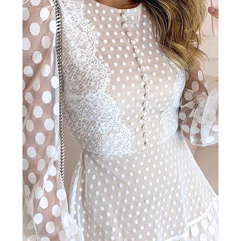 Dot Sheer Mesh Eyelash Lace Dress Women Long Sleeve Ruffles Hem Dress 2019 Autumn Elegant O Neck A Line Shirt Dresses Vestidos