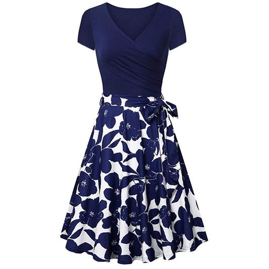 Dress 2019 Spring Summer New Women's Short Sleeve Cross V-Neck Dresses Vintage Elegant Flared A Line Slim party Dress plus size. Blue and White or Red and White