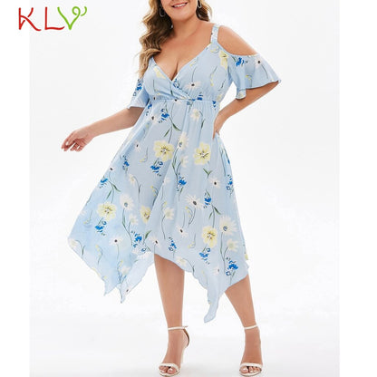 Dress Women Elegant Chiffon Cold Shoulder Floral Summer Calf Dress Party Night Dress 2019 Plus Size Vestidos Robe Femme 19June3