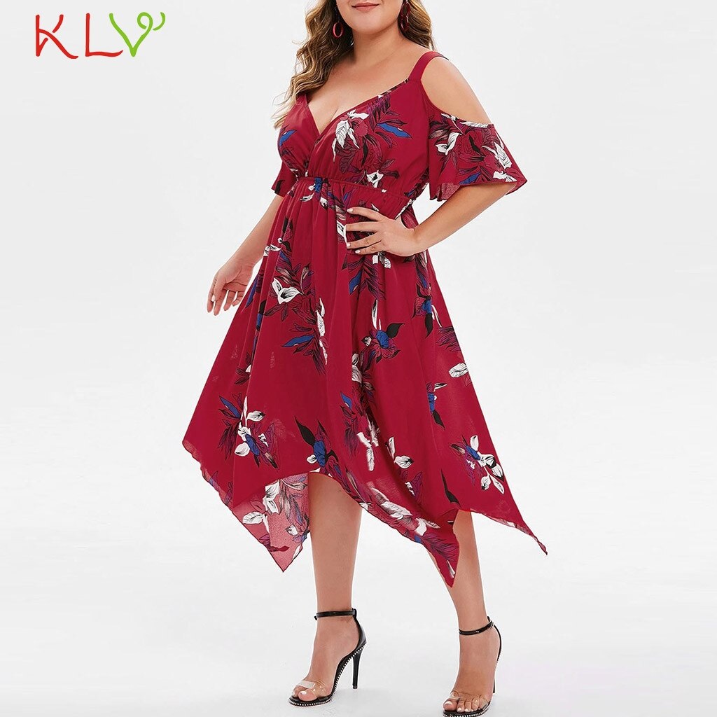 Dress Women Elegant Chiffon Cold Shoulder Floral Summer Calf Dress Party Night Dress 2019 Plus Size Vestidos Robe Femme 19June3