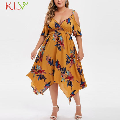 Dress Women Elegant Chiffon Cold Shoulder Floral Summer Calf Dress Party Night Dress 2019 Plus Size Vestidos Robe Femme 19June3