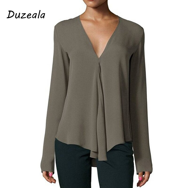 Duzeala Vintage Women's Chiffon Blouse Shirt V-Neck Long Sleeve Female Tunic Casual Plus Size Blouse Kimonos 2018