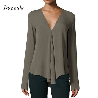Duzeala Vintage Women's Chiffon Blouse Shirt V-Neck Long Sleeve Female Tunic Casual Plus Size Blouse Kimonos 2018