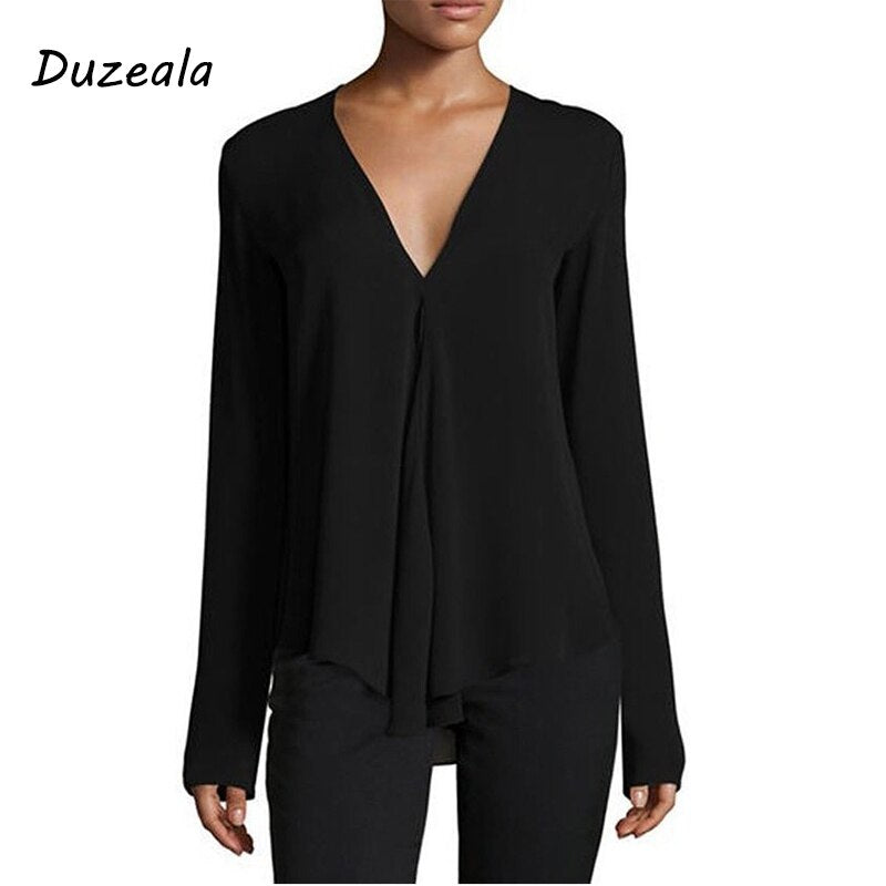 Duzeala Vintage Women's Chiffon Blouse Shirt V-Neck Long Sleeve Female Tunic Casual Plus Size Blouse Kimonos 2018