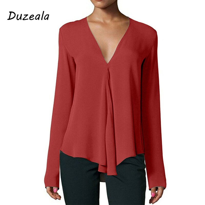 Duzeala Vintage Women's Chiffon Blouse Shirt V-Neck Long Sleeve Female Tunic Casual Plus Size Blouse Kimonos 2018