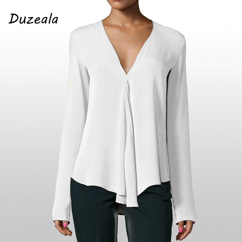 Duzeala Vintage Women's Chiffon Blouse Shirt V-Neck Long Sleeve Female Tunic Casual Plus Size Blouse Kimonos 2018