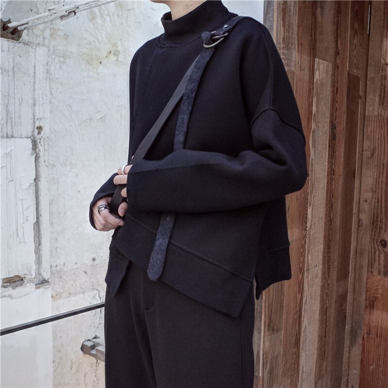 [EAM] 2020 New Spring High Collar Turtleneck Sleeve Sweater Black Loose Irregular Hem Large Size Sweatshirt Women Fashion Tide JK800