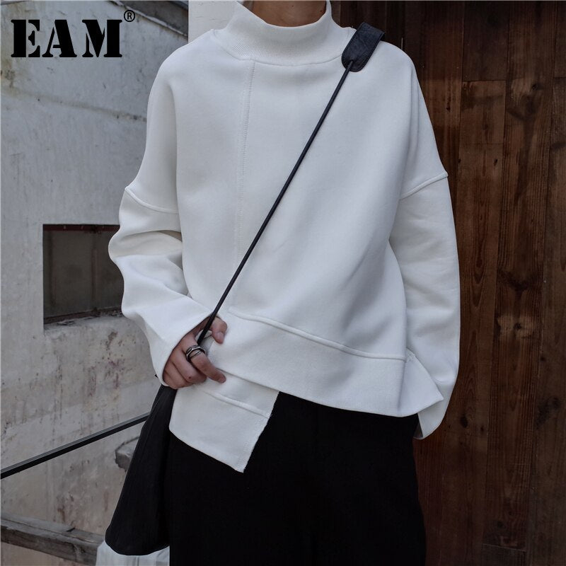 [EAM] 2020 New Spring High Collar Turtleneck Sleeve Sweater Black Loose Irregular Hem Large Size Sweatshirt Women Fashion Tide JK800