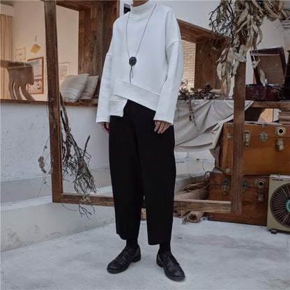 [EAM] 2020 New Spring High Collar Turtleneck Sleeve Sweater Black Loose Irregular Hem Large Size Sweatshirt Women Fashion Tide JK800