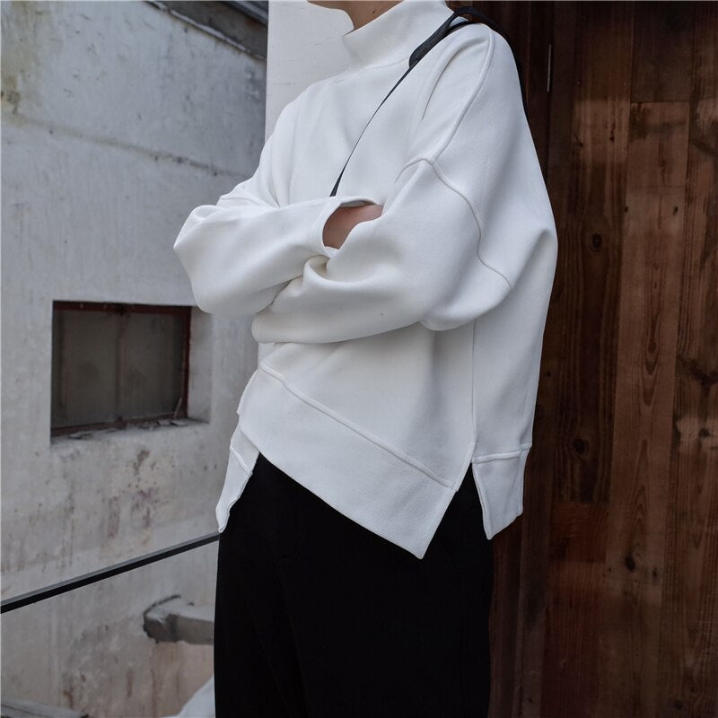 [EAM] 2020 New Spring High Collar Turtleneck Sleeve Sweater Black Loose Irregular Hem Large Size Sweatshirt Women Fashion Tide JK800