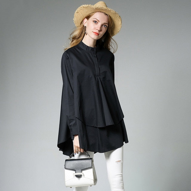 [EAM] 2020 New Spring Stand Collar Long Sleeve Solid Color Black White Asymmetry Loose Big Size Shirt Women Fashion Tide C0061