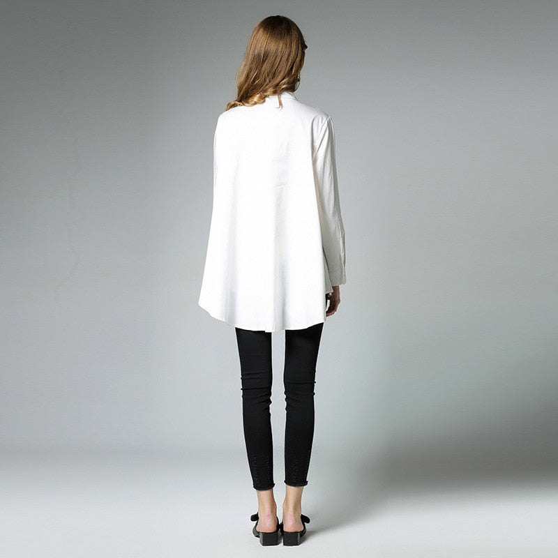 [EAM] 2020 New Spring Stand Collar Long Sleeve Solid Color Black White Asymmetry Loose Big Size Shirt Women Fashion Tide C0061