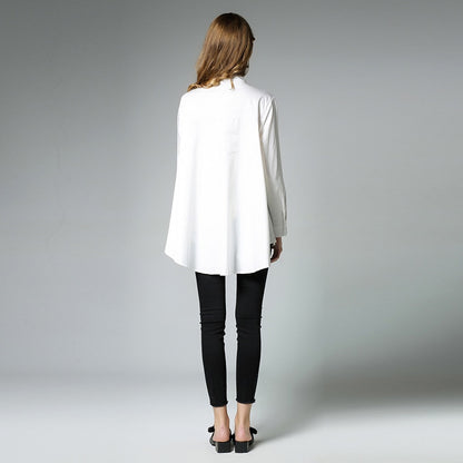 [EAM] 2020 New Spring Stand Collar Long Sleeve Solid Color Black White Asymmetry Loose Big Size Shirt Women Fashion Tide C0061