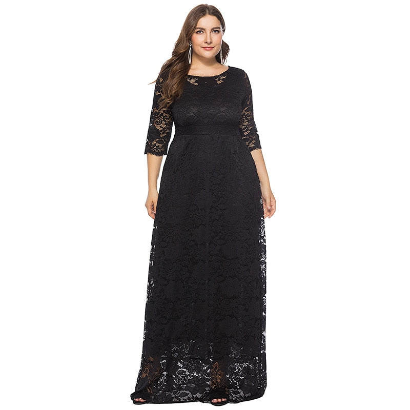 EaseHut Elegant Women Crochet Lace Maxi Long Dress O-neck 3/4 Sleeve Side Pocket Prom Party Dress White 6XL Plus Size Dresses