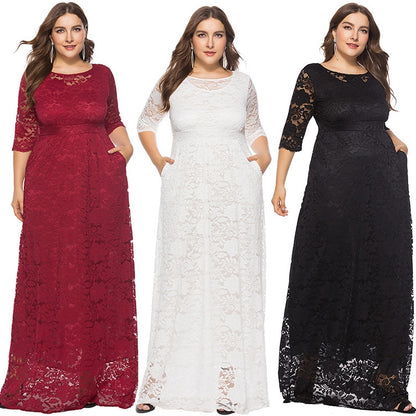 EaseHut Elegant Women Crochet Lace Maxi Long Dress O-neck 3/4 Sleeve Side Pocket Prom Party Dress White 6XL Plus Size Dresses
