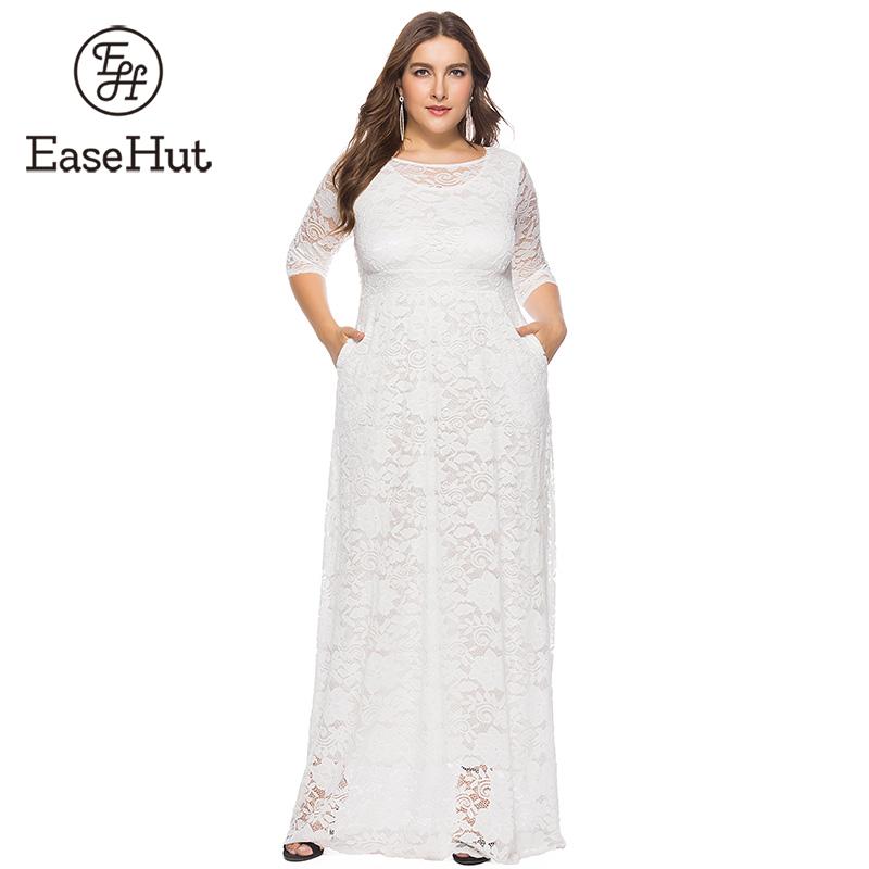 EaseHut Elegant Women Crochet Lace Maxi Long Dress O-neck 3/4 Sleeve Side Pocket Prom Party Dress White 6XL Plus Size Dresses