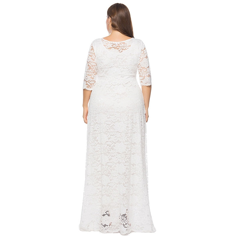 EaseHut Elegant Women Crochet Lace Maxi Long Dress O-neck 3/4 Sleeve Side Pocket Prom Party Dress White 6XL Plus Size Dresses