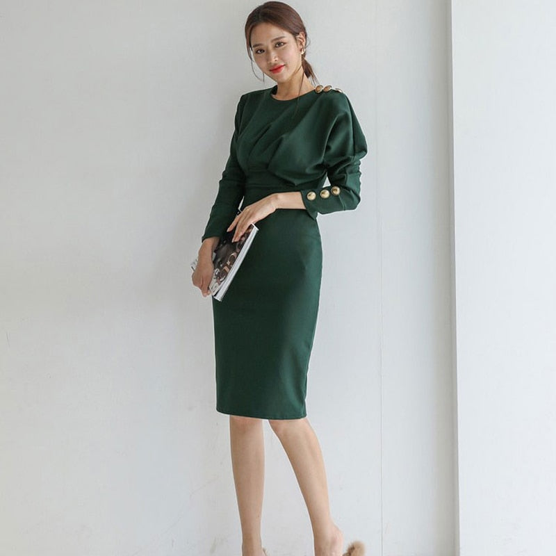 Eleagnt Solid Slim Waist Women's Dress Long Sleeve O-neck Female Pencil Dress Office Ladies Mid-length Vestidos 2020