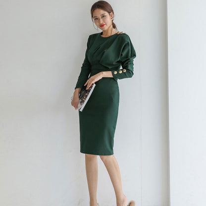 Eleagnt Solid Slim Waist Women's Dress Long Sleeve O-neck Female Pencil Dress Office Ladies Mid-length Vestidos 2020