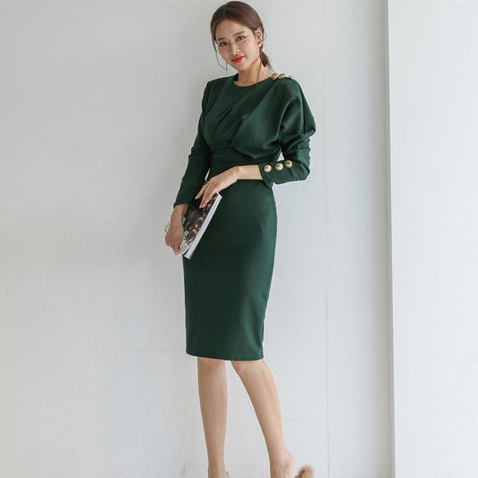 Eleagnt Solid Slim Waist Women's Dress Long Sleeve O-neck Female Pencil Dress Office Ladies Mid-length Vestidos 2020