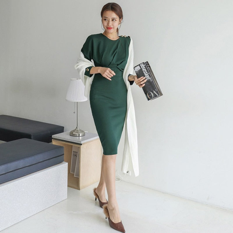 Eleagnt Solid Slim Waist Women's Dress Long Sleeve O-neck Female Pencil Dress Office Ladies Mid-length Vestidos 2020