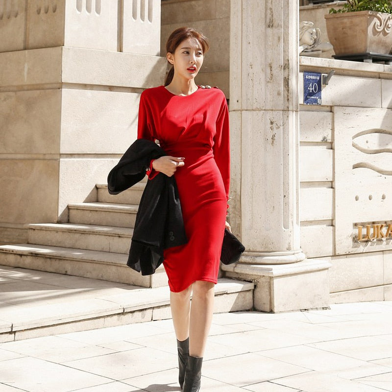 Eleagnt Solid Slim Waist Women's Dress Long Sleeve O-neck Female Pencil Dress Office Ladies Mid-length Vestidos 2020