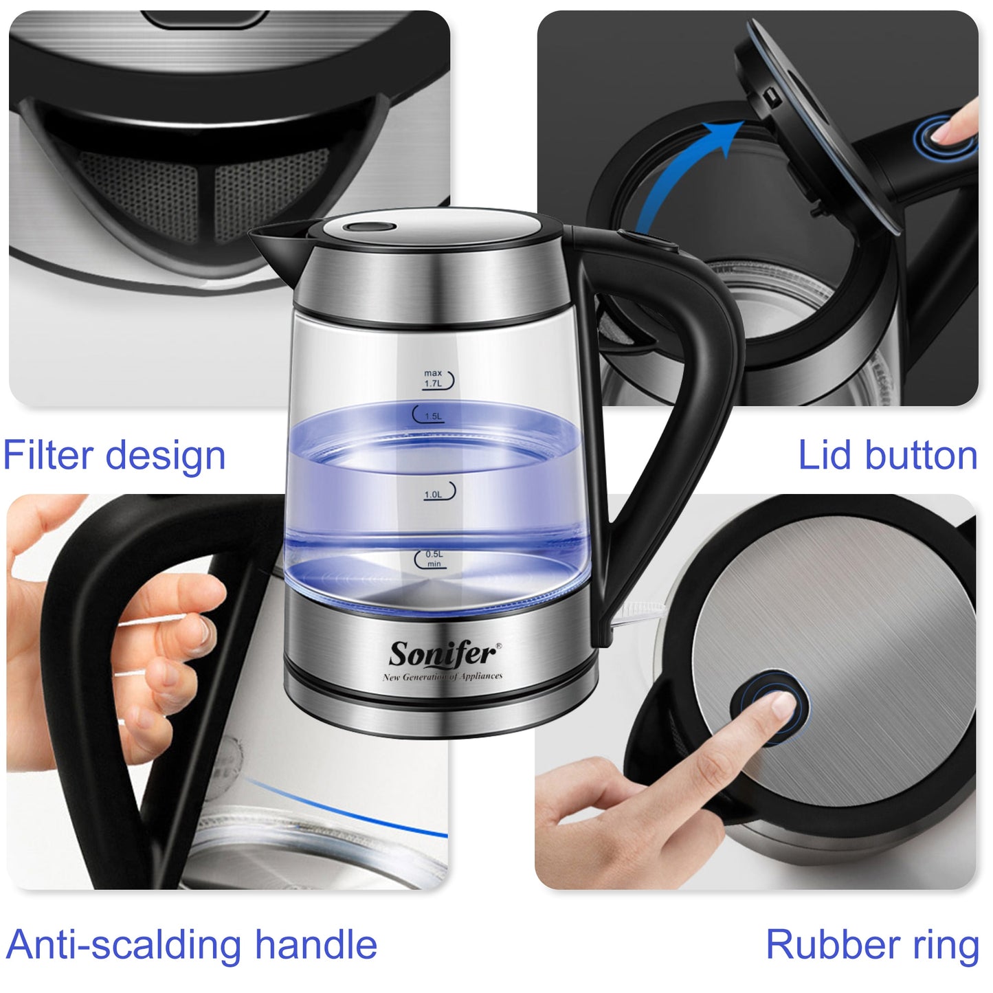 Electric Kettle Blue LED Light Glass Kettle 2200W Smart Whistle Kettle Quick Heating Boiling Health Pot Teapot 220V Sonifer