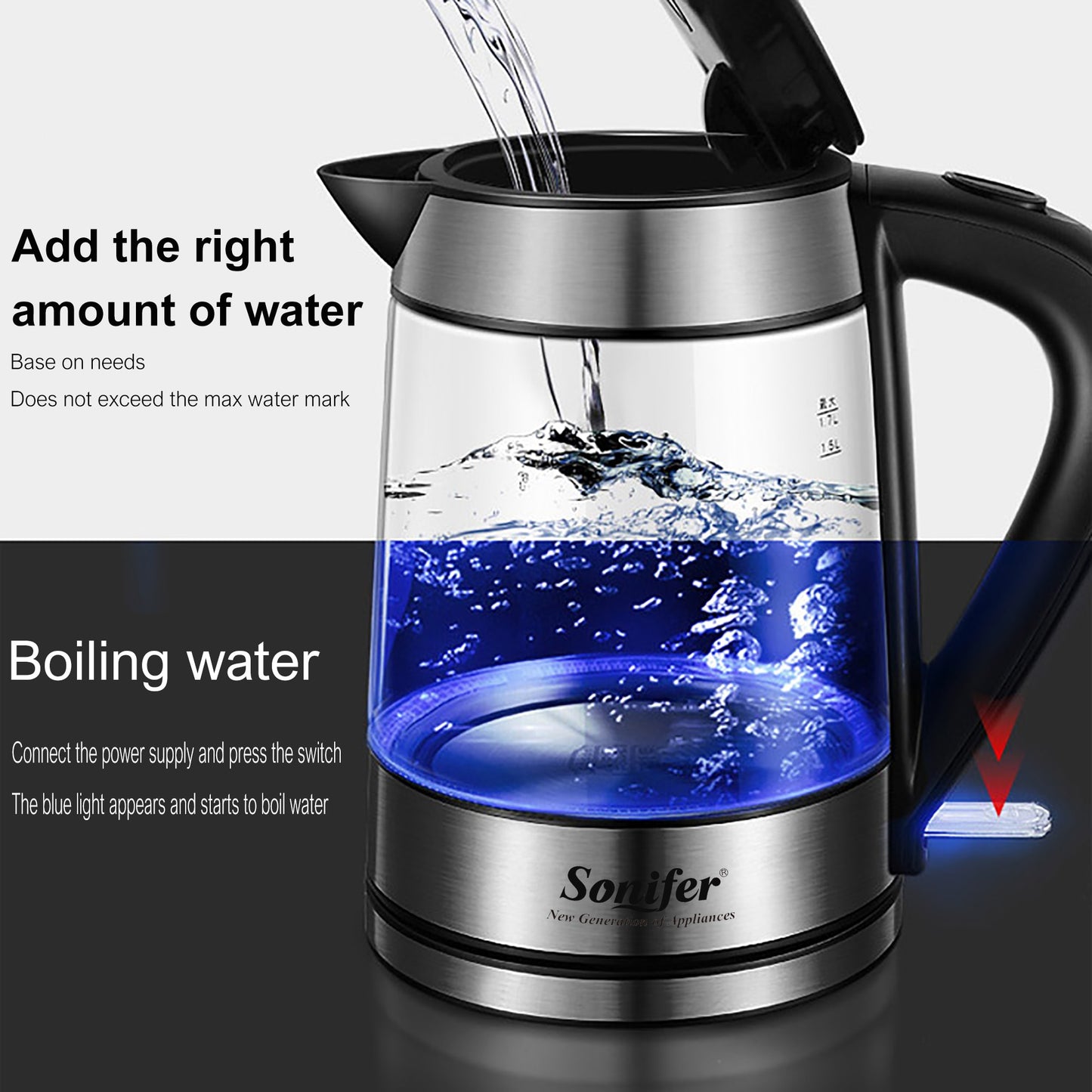 Electric Kettle Blue LED Light Glass Kettle 2200W Smart Whistle Kettle Quick Heating Boiling Health Pot Teapot 220V Sonifer
