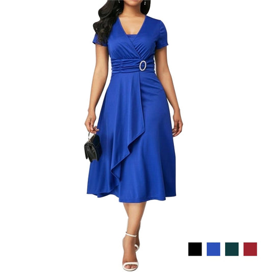 Elegant Asymmetric Midi Dress Women Autumn Summer Solid Casual Short Sleeve V-Neck Dress Plus Size High Waist S-5XL