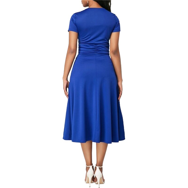 Elegant Asymmetric Midi Dress Women Autumn Summer Solid Casual Short Sleeve V-Neck Dress Plus Size High Waist S-5XL