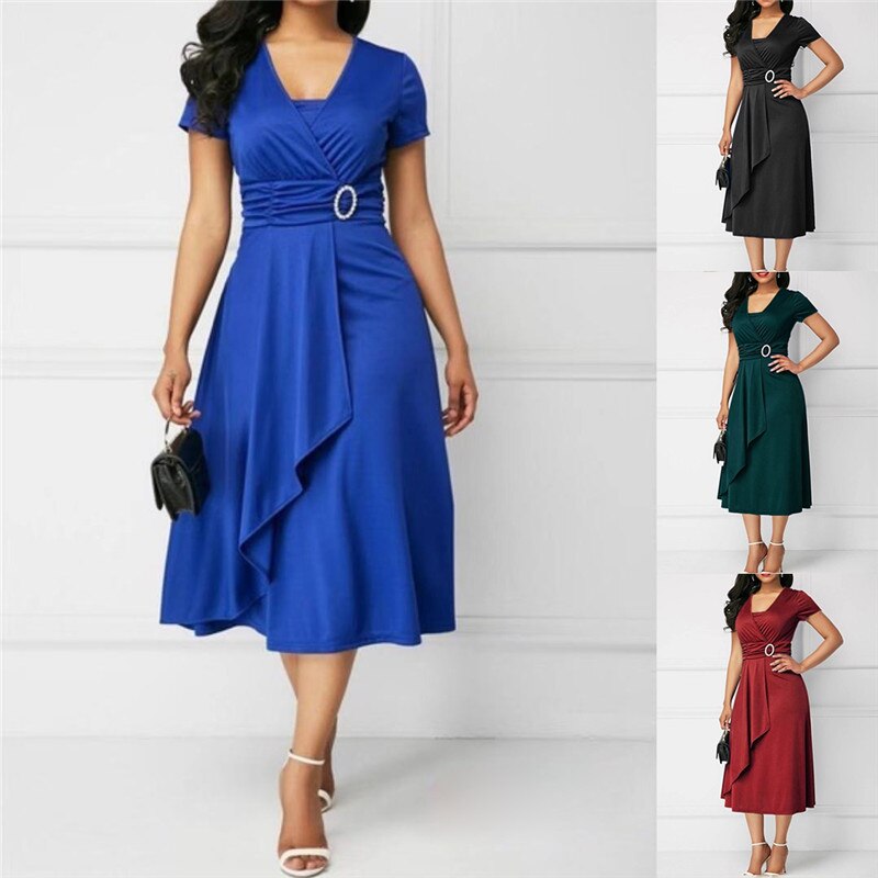 Elegant Asymmetric Midi Dress Women Autumn Summer Solid Casual Short Sleeve V-Neck Dress Plus Size High Waist S-5XL